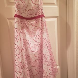 David's Bridal white and magenta tea length dress
